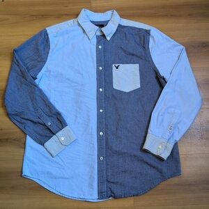 American Eagle Shirt Mens XL Blue Gray Colorblock Oxford Cotton Button Down OCBD